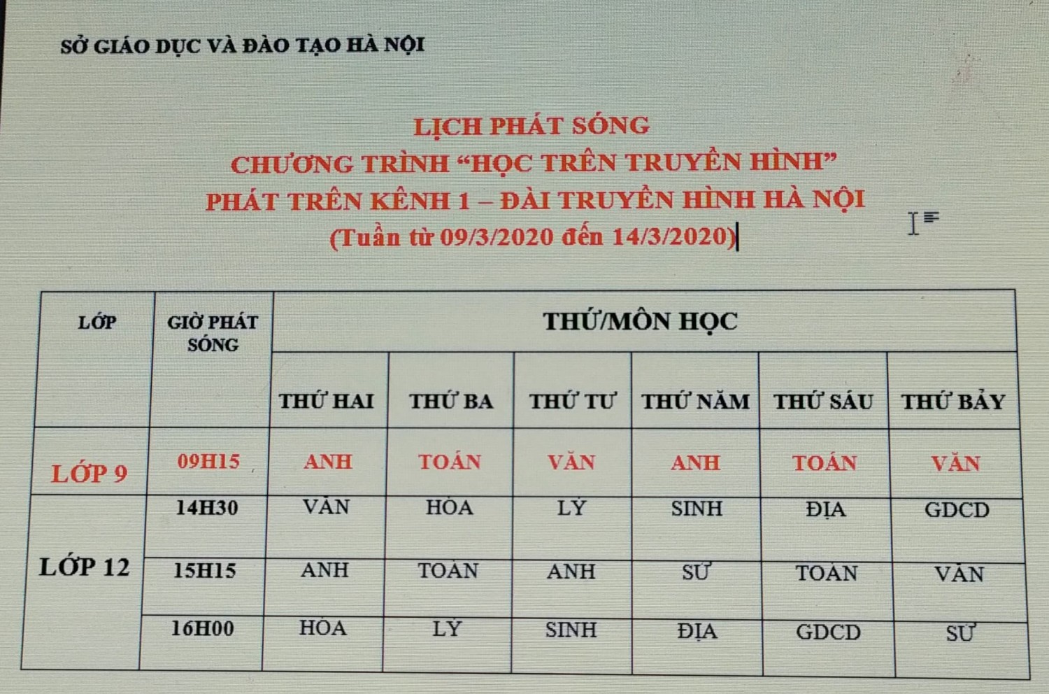 LỊCH HỌC TRÊN TRUYỀN HINH